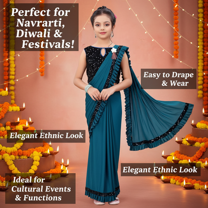 Lycra Solid Saree for Girls — Teal Ethnic Wear (3-4 Years)