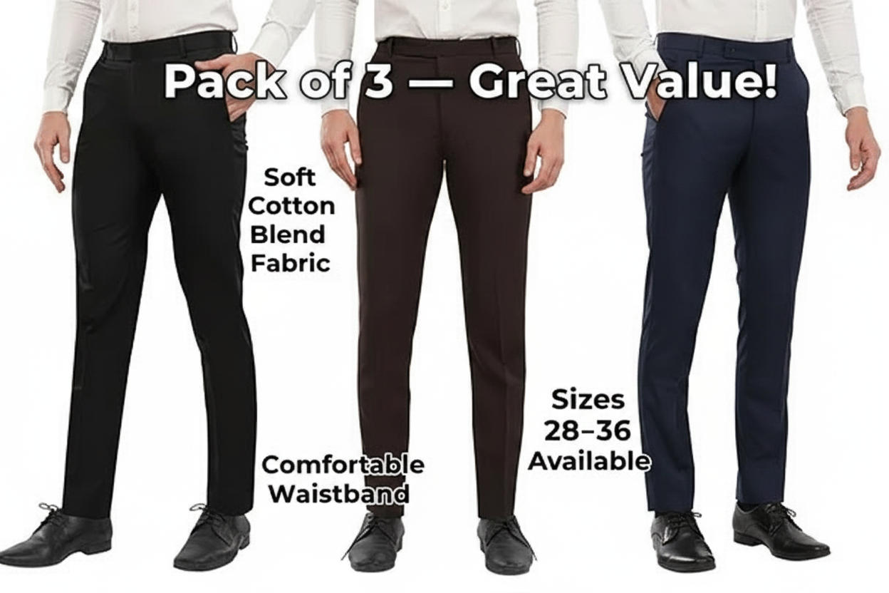 Cotton Blend Trouser for Men — Pack of 3 Black Formal Trousers (Size 28-36)