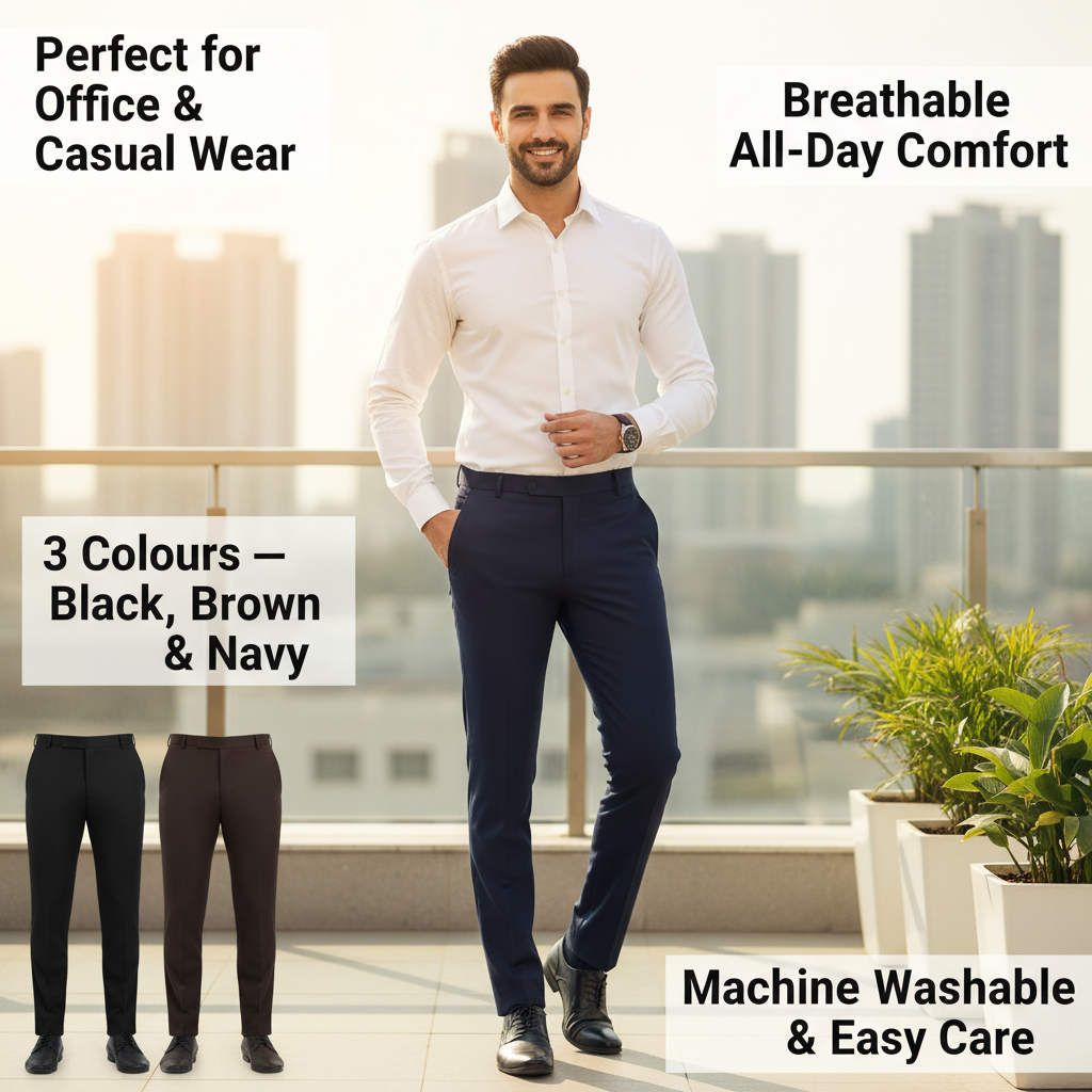 Cotton Blend Trouser for Men — Pack of 2 Black Formal Trousers (Size 28-36)