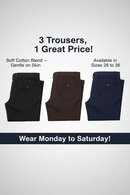 Cotton Blend Trouser for Men — Pack of 3 Black Formal Trousers (Size 28-36)
