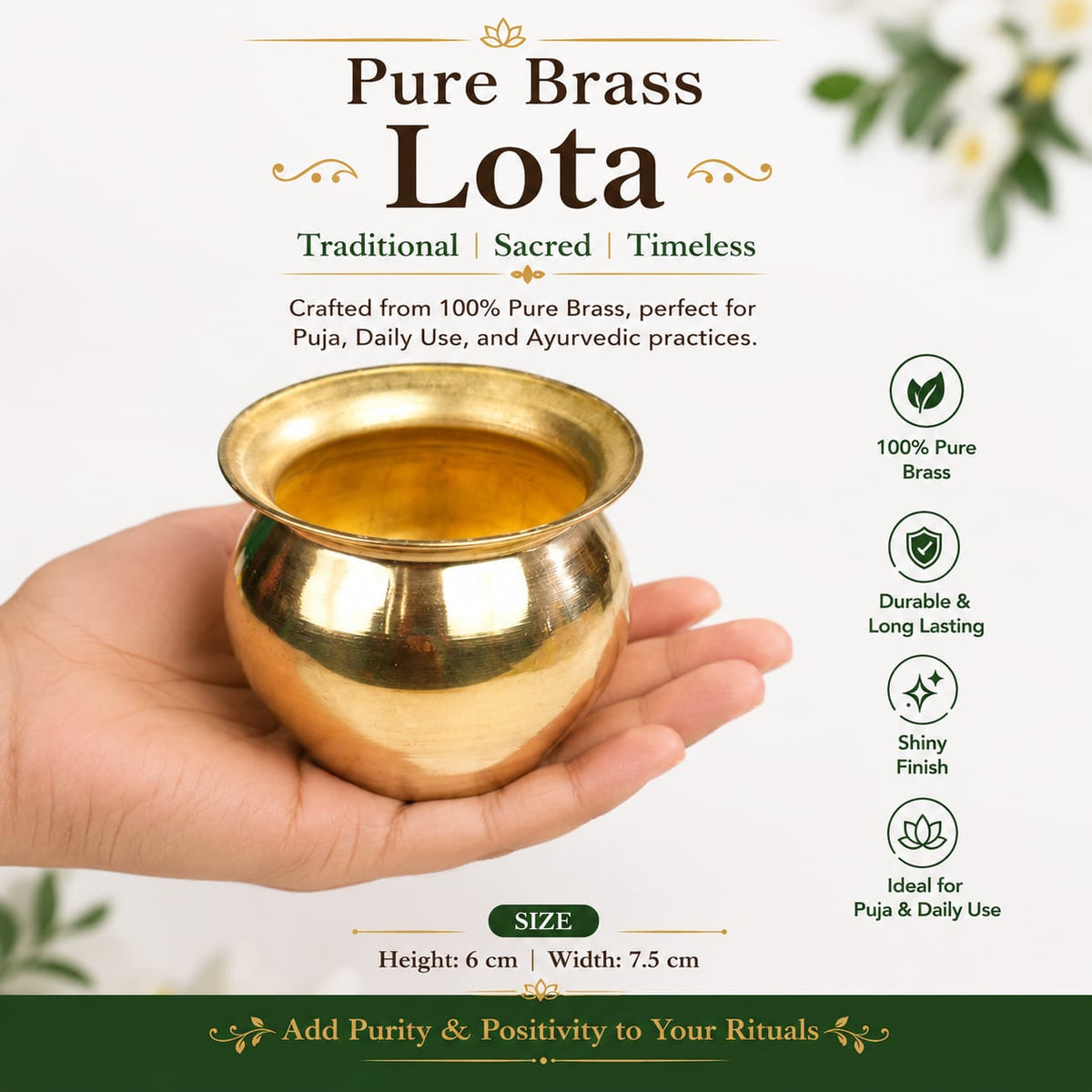 Pure Brass Traditional Pooja Lota Kalash for Daily Worship & Religious Ceremonies
