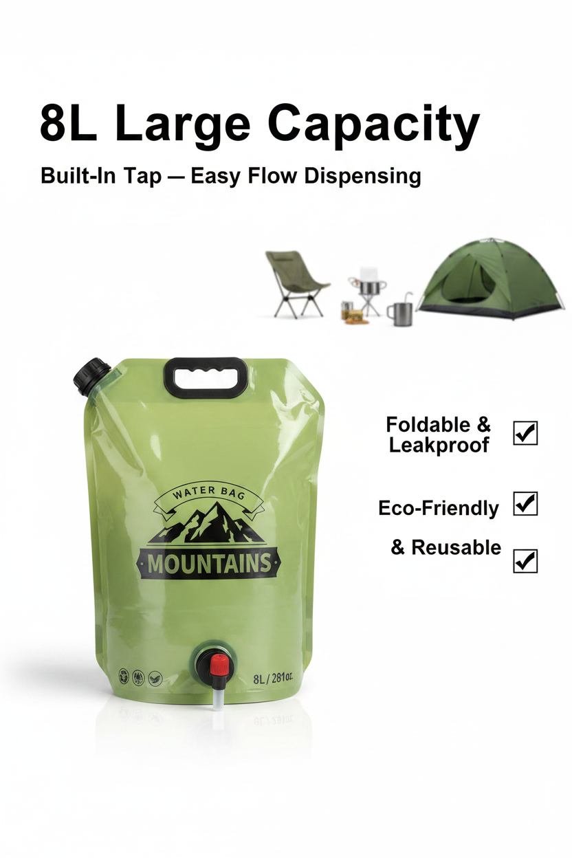 Foldable Large Capacity Outdoor Water Storage Bag — 8L with Tap & Handle for Camping, BBQ & Outdoor Cooking (Pack of 2)