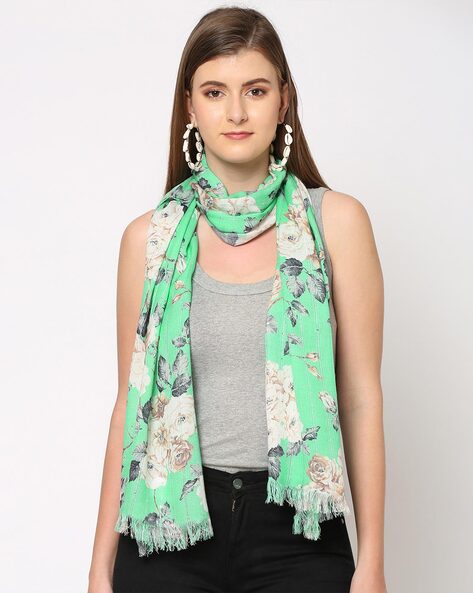 Women Green & Cream-Coloured Sequins Floral Printed Scarf