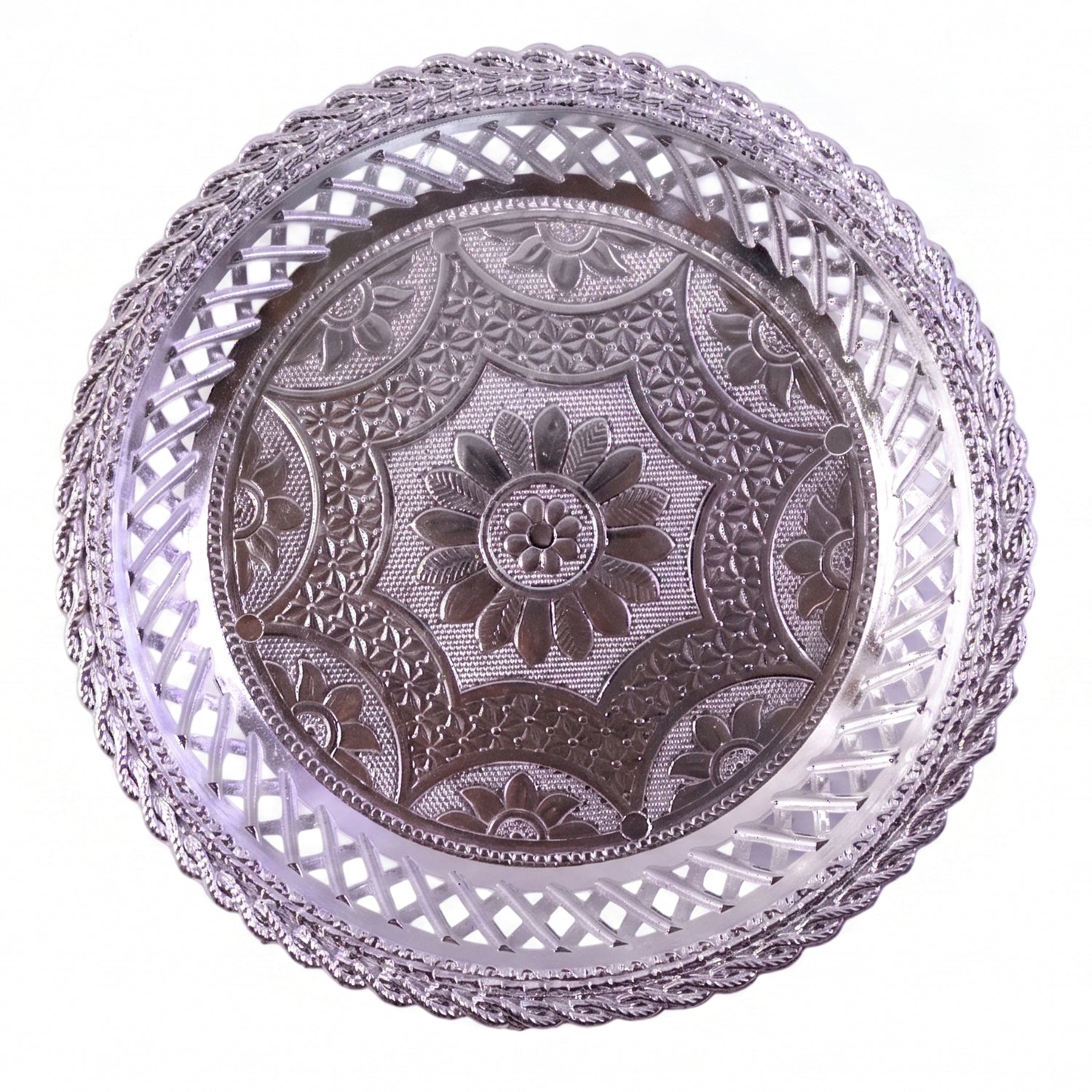 Decorative Silver Serving Tray  Elegant Round Floral Design