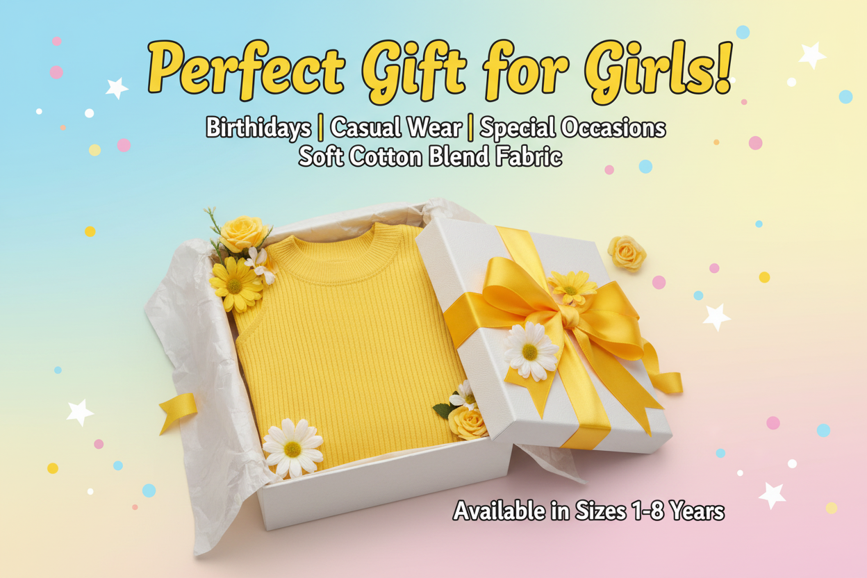 Cotton Blend Solid Top for Girls — Yellow Casual Wear for Kids (1-8 Years)