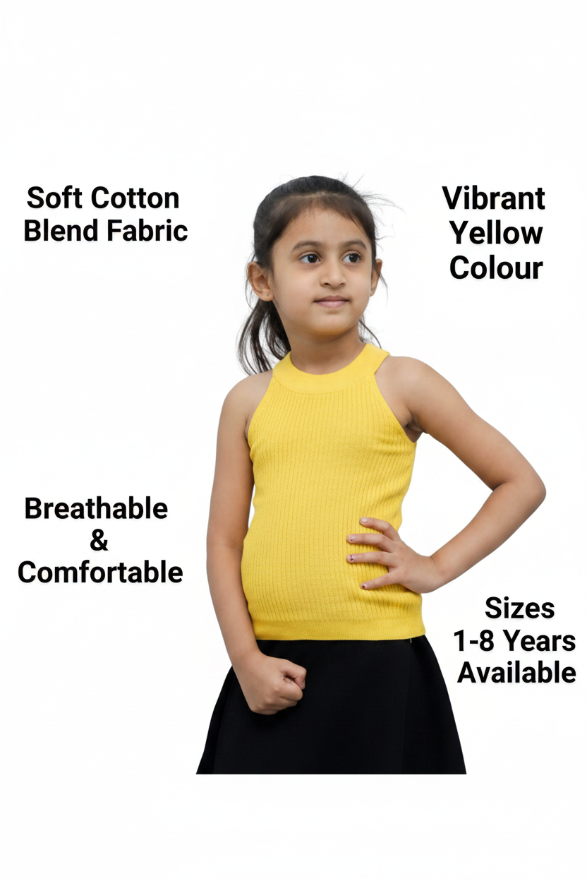 Cotton Blend Solid Top for Girls — Yellow Casual Wear for Kids (1-8 Years)
