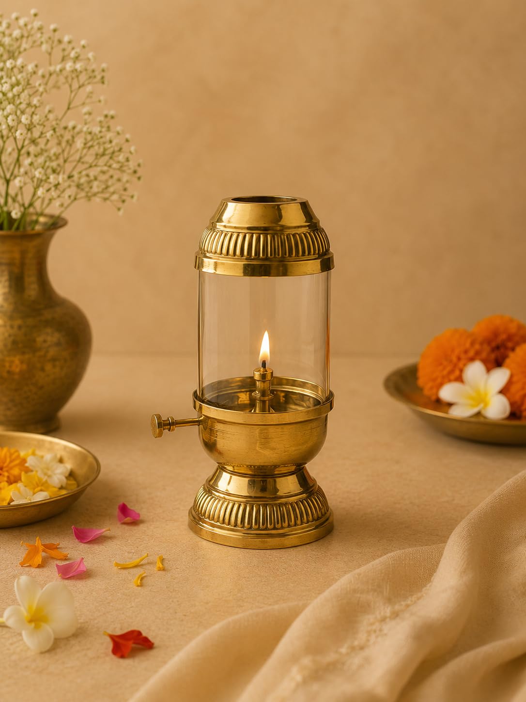 Premium Pure Brass Akhand Diya with Glass Cover for Pooja, Aarti & Home Temple