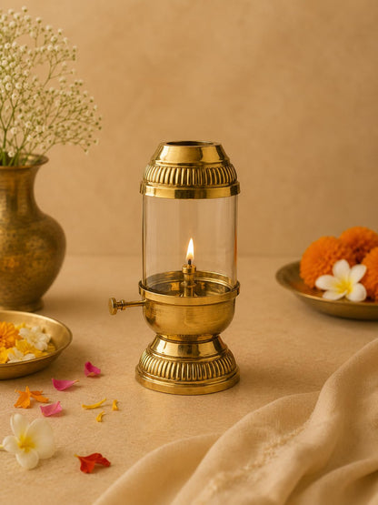 Premium Pure Brass Akhand Diya with Glass Cover for Pooja, Aarti & Home Temple