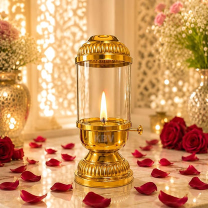 Premium Pure Brass Akhand Diya with Glass Cover for Pooja, Aarti & Home Temple